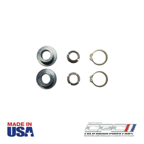 Replacement hardware for the 1964–1970 Ford Mustang clutch and brake pedal support bushing repair kit, including flanged bushings, locking retainers, and snap rings.
