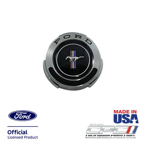 Front view of 1965-1966 T-5 Mustang export model vented gas cap with running horse emblem, Ford Official Licensed Product, Made in the USA, CPC part EXT-656-150.