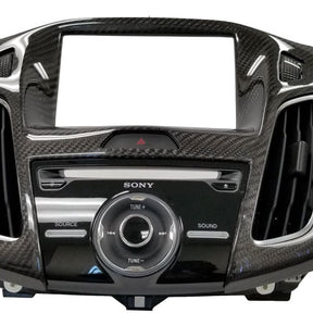 Installed view of 2012-2018 Ford Focus ST and RS carbon fiber Radio trim bezel cover INT-168-134 by California Pony Cars.
