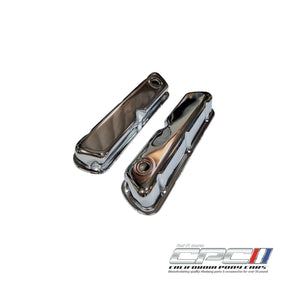 1962-1985 Small Block Ford chrome valve covers pair with baffled design for 260, 289, 302, and 351W engines, polished chrome finish, CPC ENG-000-518.