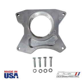 Front view of California Pony Cars 1965–1970 Mustang TKX/TKO 5-Speed Transmission Adapter Plate, part number TRA-650-702, Made in USA.