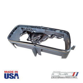 Front angle view of 1967 Ford Mustang grille horse and corral ornament OEM C7ZZ-8213-A, Made in USA. 