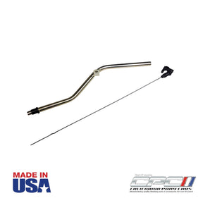 RIght side view of 1980-1993 AOD automatic transmission oil dipstick and filler tube, used for 1964-1973 mustang AOD conversion kits, made in USA.
