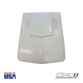 Top view of 1967 Shelby Mustang louvered fiberglass front hood in a white gel coat featuring dual functional-style louvers and raised center section, CPC part BOD-067-013.