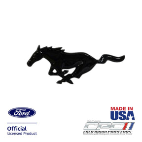 Black running horse grille ornament for 1994-2004 Ford Mustang front grille, Ford Official Licensed Product, CPC part EMB-000-053, shown on a white background.