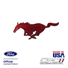 Laser red running horse front grille emblem for 1994-2004 Ford Mustang, Ford Official Licensed Product, Made in the USA, CPC part EMB-000-055, shown on a white background.