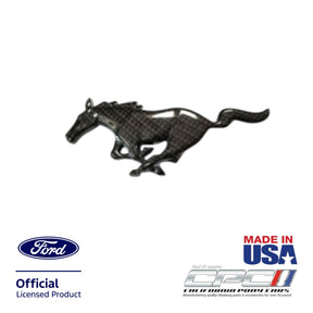 Hydrocarbon running horse grille emblem for 1994-2004 Ford Mustang front grille, Ford Official Licensed Product, CPC part EMB-000-066, shown on a white background.