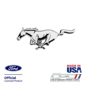 Chrome running horse front grille emblem for 1994-2004 Ford Mustang, Ford Official Licensed Product, Made in the USA, CPC part EMB-000-108, shown on a white background.