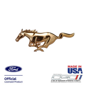 24K gold plated running horse front grille emblem for 1994-2004 Ford Mustang, Ford Official Licensed Product, Made in the USA, CPC part EMB-000-115, shown on a white background.