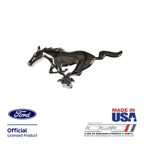 Chrome plated running horse grille emblem for 1964-1967 Ford Mustang front grille, Ford Official Licensed Product, Made in the USA, CPC part EMB-657-110, shown on a white background.