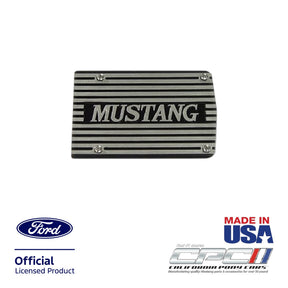 Front view of polished die-cast aluminum finned A/C compressor cover plate with Mustang lettering for Ford Mustang, Ford Official Licensed Product, Made in the USA, CPC part ENG-000-481.