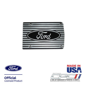 Front view of polished A/C compressor cover plate with Ford lettering for Ford engines, Ford Official Licensed Product, Made in the USA, CPC part ENG-000-482.