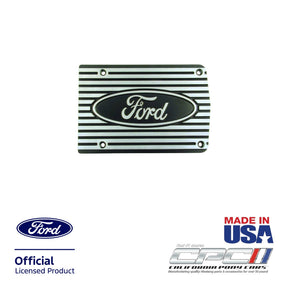 Front view of Ford A/C compressor cover plate with machined aluminum finish and engraved Ford oval logo for Ford small block engine applications, CPC part ENG-000-513.