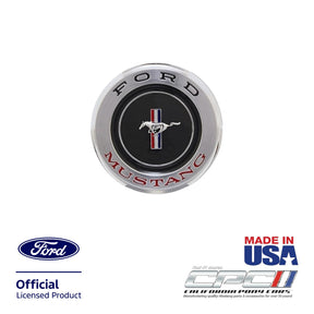  Front view of 1964½ Ford Mustang vented gas cap without security cable featuring the running horse emblem, Ford Official Licensed Product, Made in the USA, CPC part EXT-064-151.