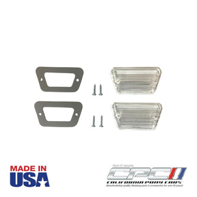 1968 Ford Mustang side marker lens kit with two clear lenses, gaskets and mounting screws, CPC part EXT-068-206, Made in USA.