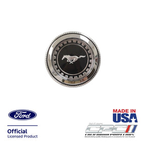 Front view of 1970 Ford Mustang non-vented gas cap assembly with chrome trim, black center, running horse emblem and security cable, Ford Official Licensed Product, CPC part EXT-070-158.