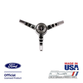 Front view of 1965-1966 Ford Mustang standard 3-spoke horn ring for alternator-equipped models with Ford Mustang center emblem, chrome finish, Ford Official Licensed Product, CPC part STE-656-045.