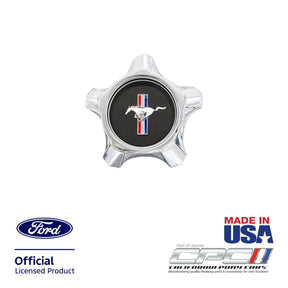 Front view of 1967 Ford Mustang styled steel black wheel center cap assembly with chrome finish and black tri-bar Mustang emblem, Ford Official Licensed Product, CPC part WHE-067-139.