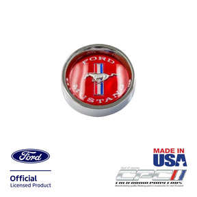  Front view of 1965-1966 Ford Mustang style steel wheel center cap with red Mustang emblem, chrome running horse and tribar logo, Ford Official Licensed Product, CPC part WHE-656-028.
