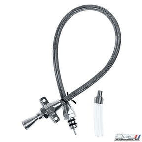 Side view of our stainless steel flexible AOD, AODE, 4R70W transmission dipstick with billet knob for 1964–1973 Mustang