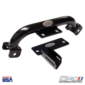 Side view of 1965-1966 Mustang AOD TKO TKX Transmission Crossmember Bar with E-Brake Bracket–TRA-656-639, USA Made by California Pony Cars.  