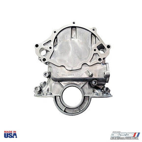Front view of California Pony Cars timing chain cover ENG-000-409, Ford OEM# C4AZ-6019-B, Made in USA