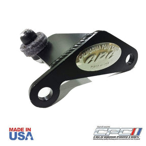 Top view of California Pony Cars logo badge detail on 1965-1973 Mustang clutch pivot bracket kit TRA-658-538 Made in the USA