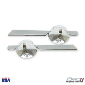 Pair of chrome 1967 Mustang GT fog light bars with top surface smooth argent silver accents part EXT-067-057 replicating Ford OEM C7ZZ-8390-C and C7ZZ-8390-D.