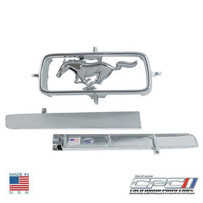 1967 Mustang horse, corral and grille spears kit, OEM-style reproduction with triple chrome plating, correct argent finish and Made in USA by California Pony Cars.