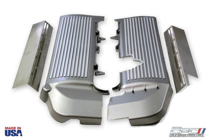 Top view 2005-2010 Mustang GT 4.6L  Finned Fuel Rail Cover gunmetal with silver fins Made in USA. 