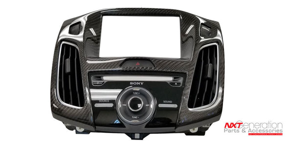 Installed view of 2012-2018 Ford Focus ST and RS carbon fiber Radio trim bezel cover INT-168-134 by California Pony Cars.  