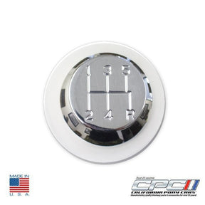 Top view of t5-speed pattern billet aluminum Shifter lever knob, high polish finish and pits with tremec transmissions, tra-000-413 made in USA by California Pony Cars