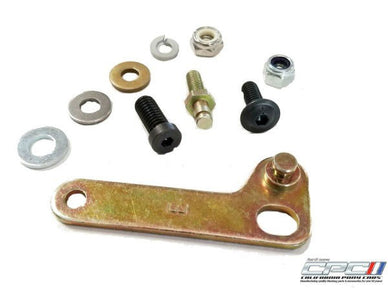 Top view of AOD Throttle Valve TV Cable Corrector bracket kit for Edelbrock Style carburetor throttle arm, ENG-000-309 / AS5-05K 